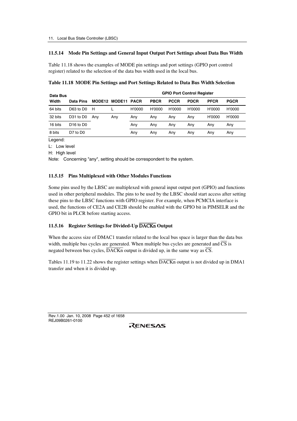 15 pins multiplexed with other modules functions, 16 register settings for divided-up dackn output | Renesas SH7781 User Manual | Page 482 / 1692