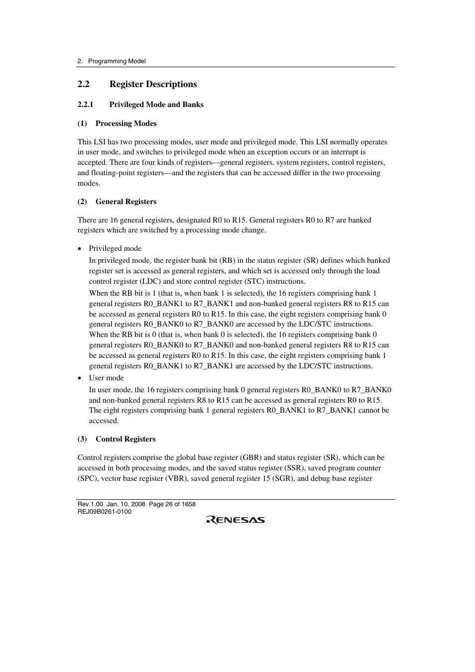 2 register descriptions, 1 privileged mode and banks | Renesas SH7781 User Manual | Page 56 / 1692