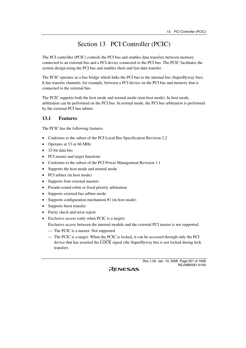 Section 13 pci controller (pcic), 1 features | Renesas SH7781 User Manual | Page 581 / 1692