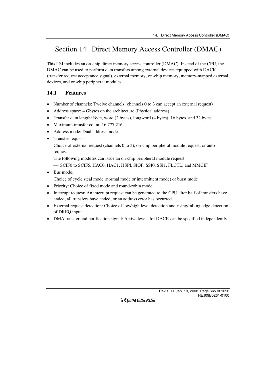 Section 14 direct memory access controller (dmac), 1 features | Renesas SH7781 User Manual | Page 695 / 1692