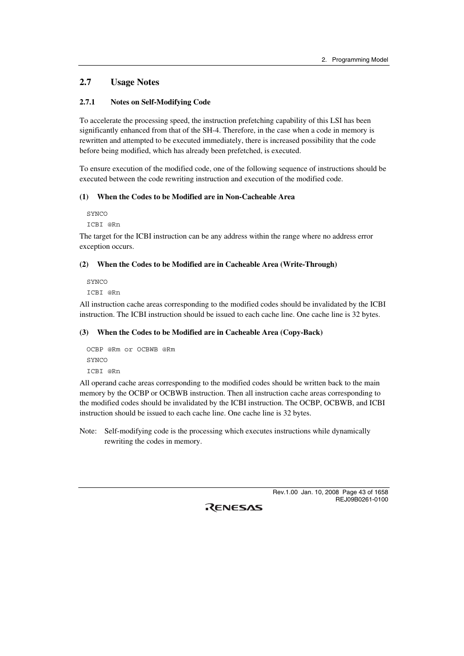 7 usage notes, 1 notes on self-modifying code | Renesas SH7781 User Manual | Page 73 / 1692