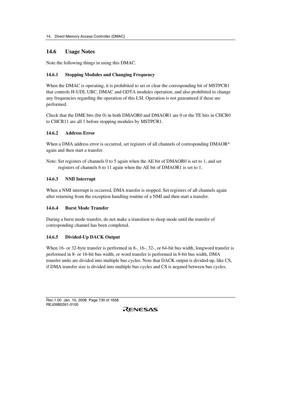 6 usage notes, 1 stopping modules and changing frequency, 2 address error | 3 nmi interrupt, 4 burst mode transfer, 5 divided-up dack output | Renesas SH7781 User Manual | Page 760 / 1692