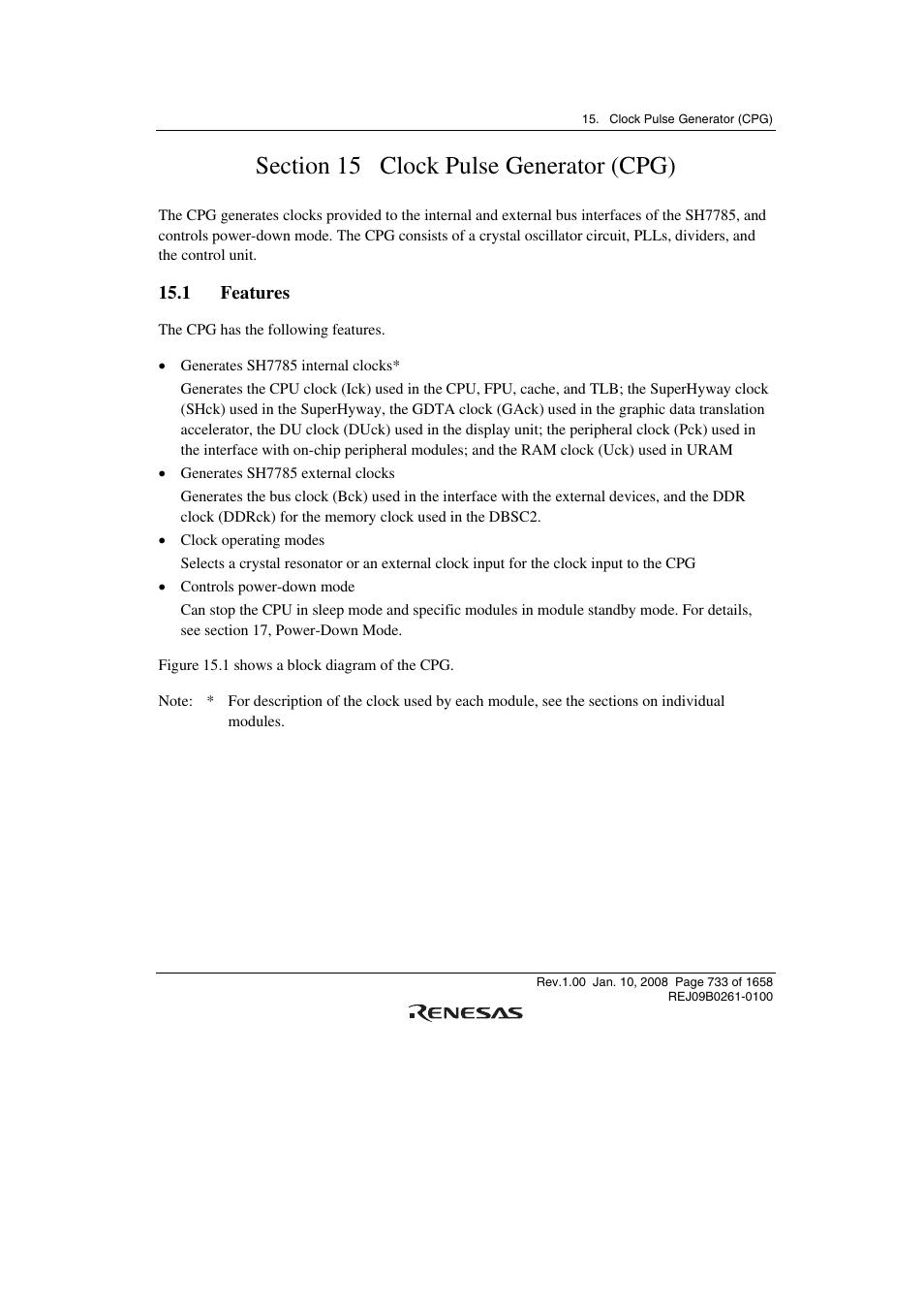 Section 15 clock pulse generator (cpg), 1 features | Renesas SH7781 User Manual | Page 763 / 1692