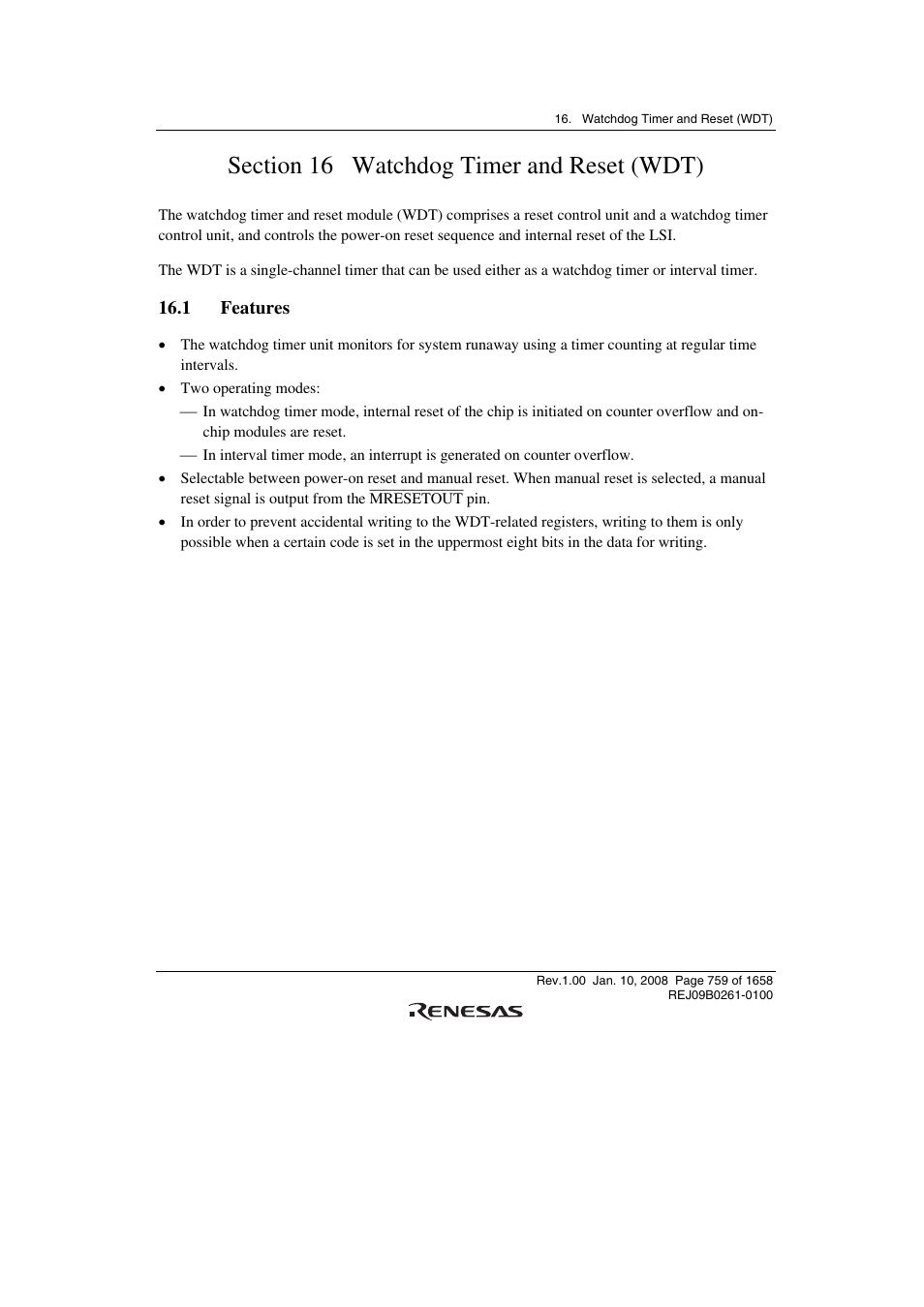 Section 16 watchdog timer and reset (wdt), 1 features | Renesas SH7781 User Manual | Page 789 / 1692