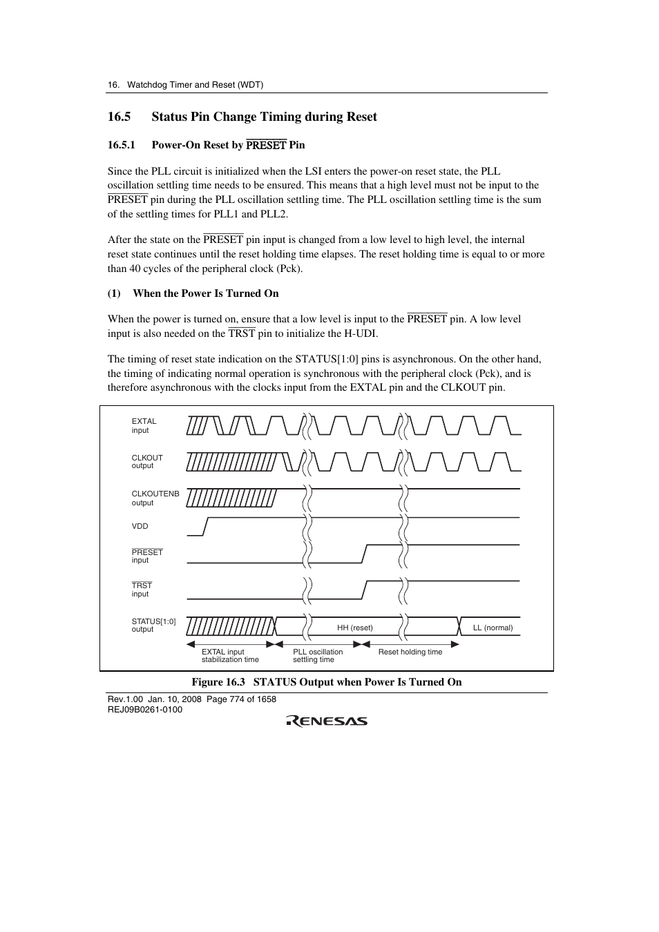 5 status pin change timing during reset, 1 power-on reset by preset pin | Renesas SH7781 User Manual | Page 804 / 1692