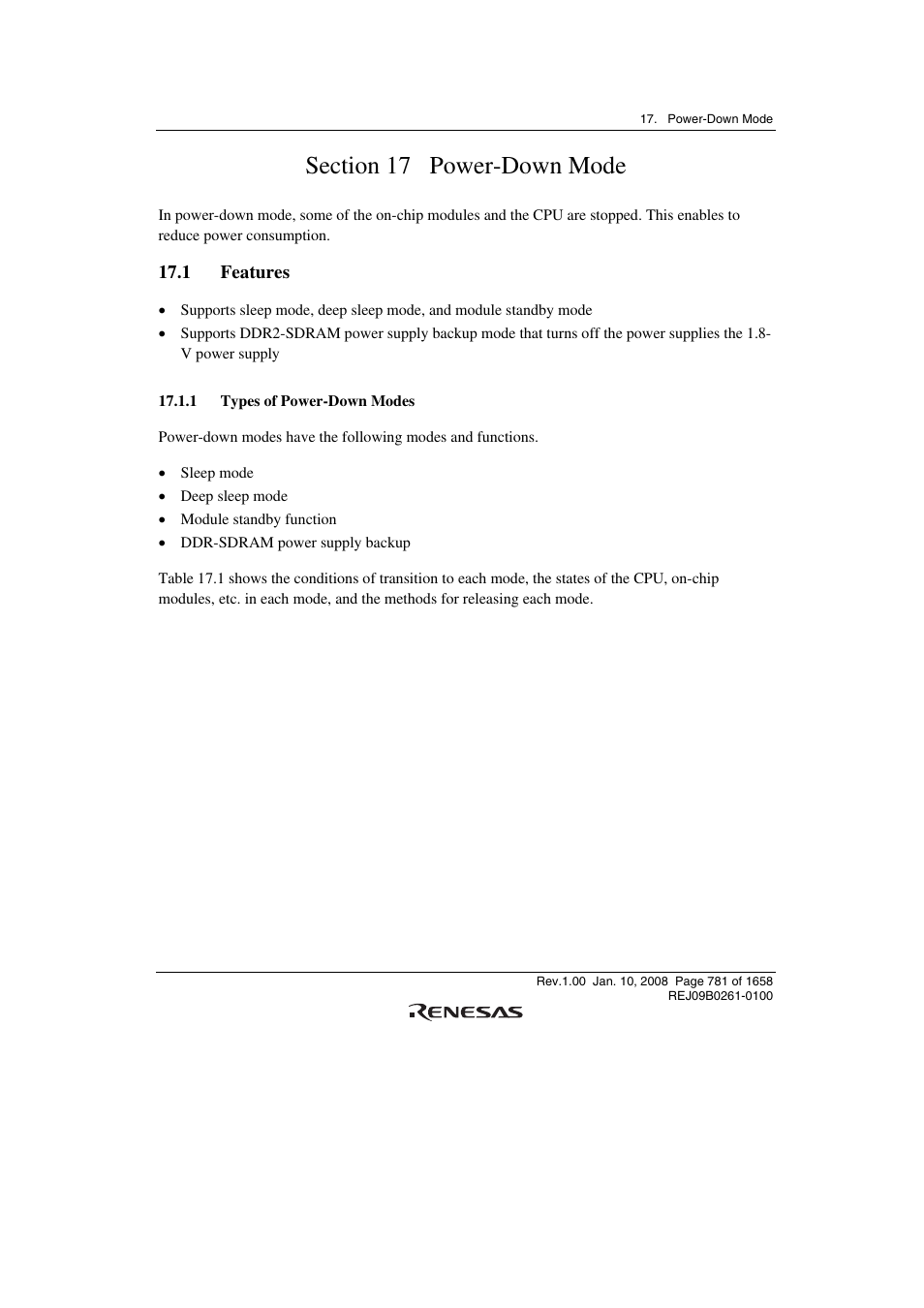 Section 17 power-down mode, 1 features, 1 types of power-down modes | Renesas SH7781 User Manual | Page 811 / 1692