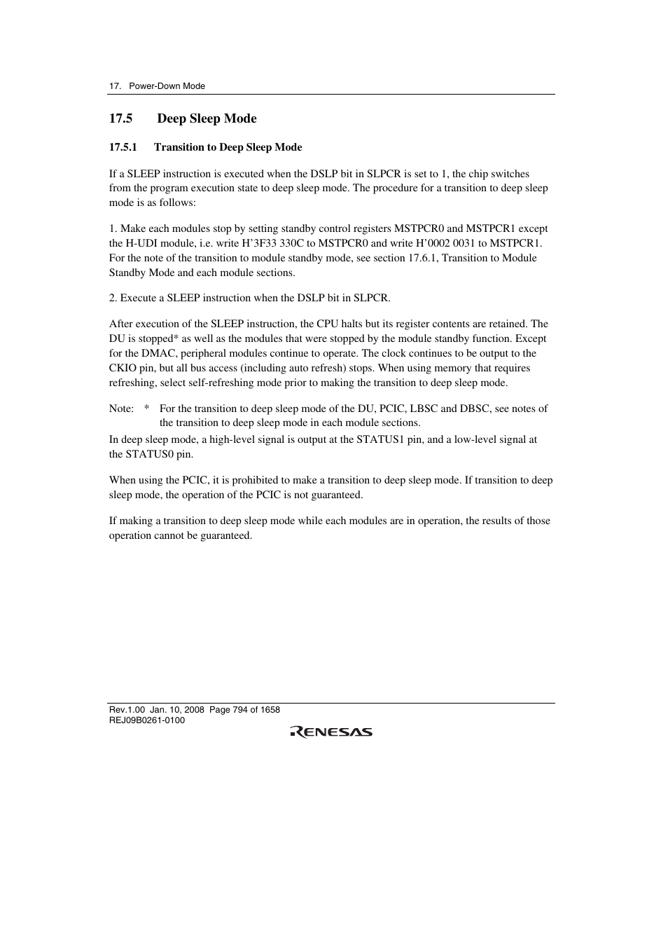 5 deep sleep mode, 1 transition to deep sleep mode | Renesas SH7781 User Manual | Page 824 / 1692