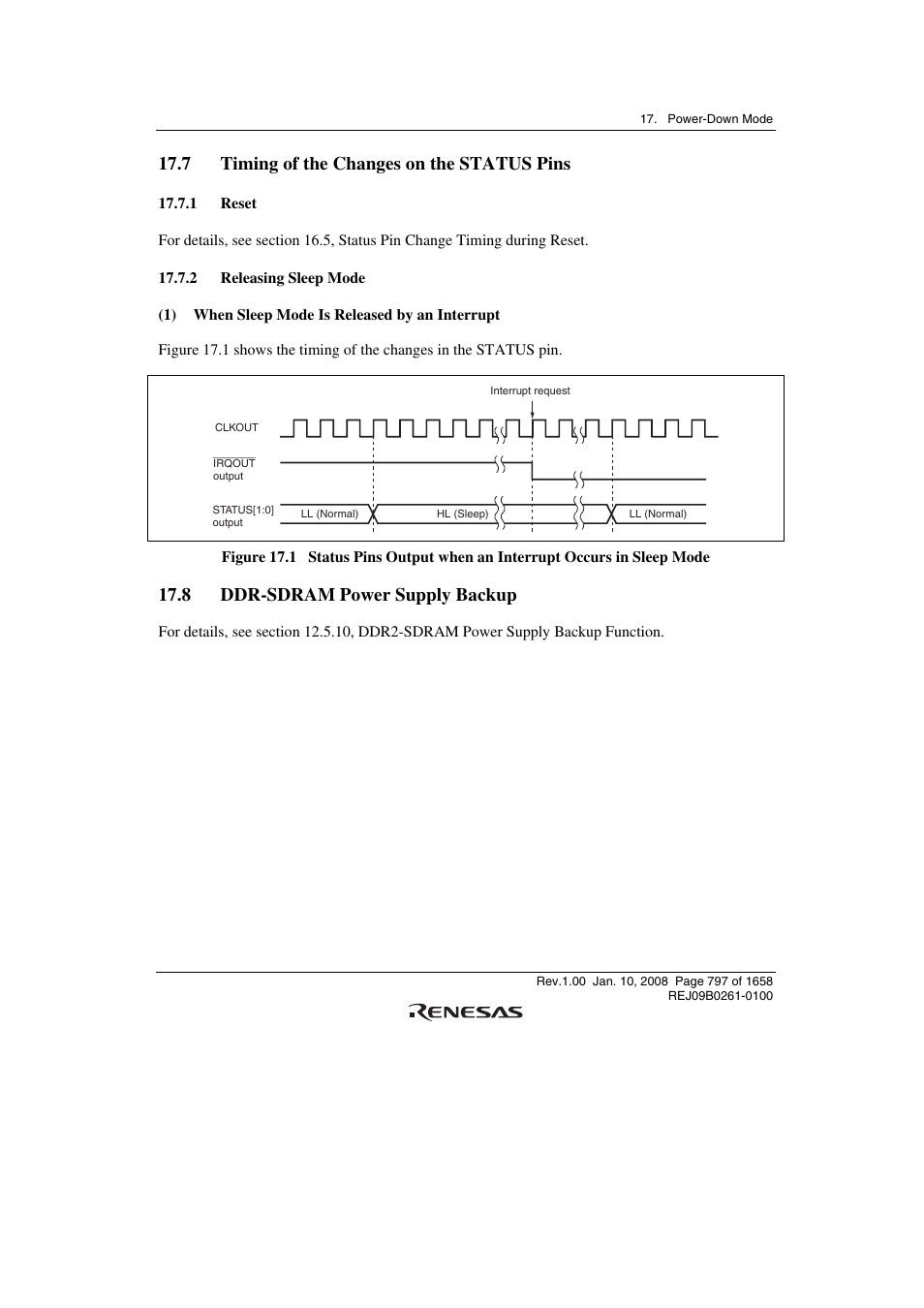 7 timing of the changes on the status pins, 1 reset, 2 releasing sleep mode | 8 ddr-sdram power supply backup | Renesas SH7781 User Manual | Page 827 / 1692