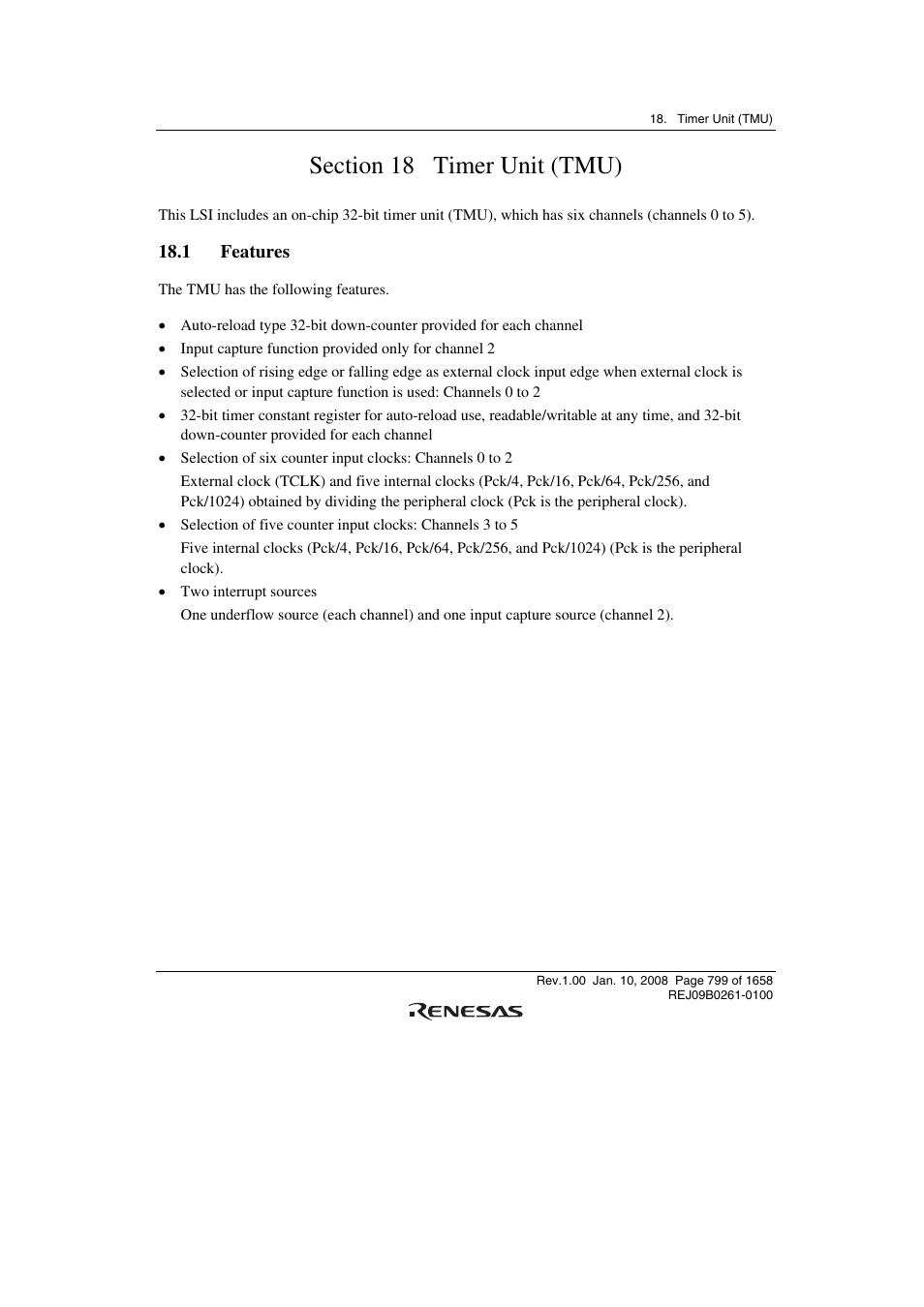 Section 18 timer unit (tmu), 1 features | Renesas SH7781 User Manual | Page 829 / 1692