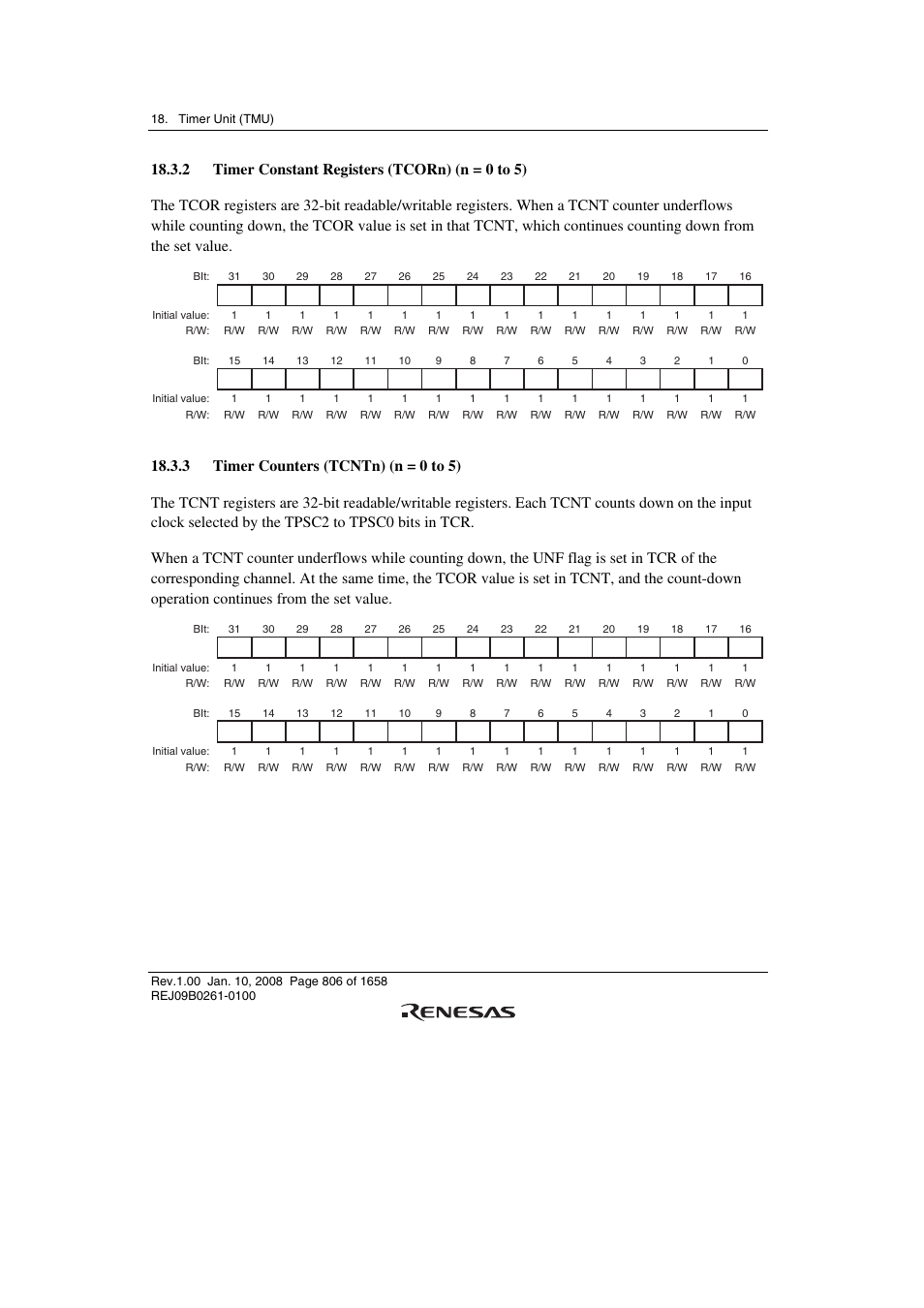 2 timer constant registers (tcorn) (n = 0 to 5), 3 timer counters (tcntn) (n = 0 to 5) | Renesas SH7781 User Manual | Page 836 / 1692