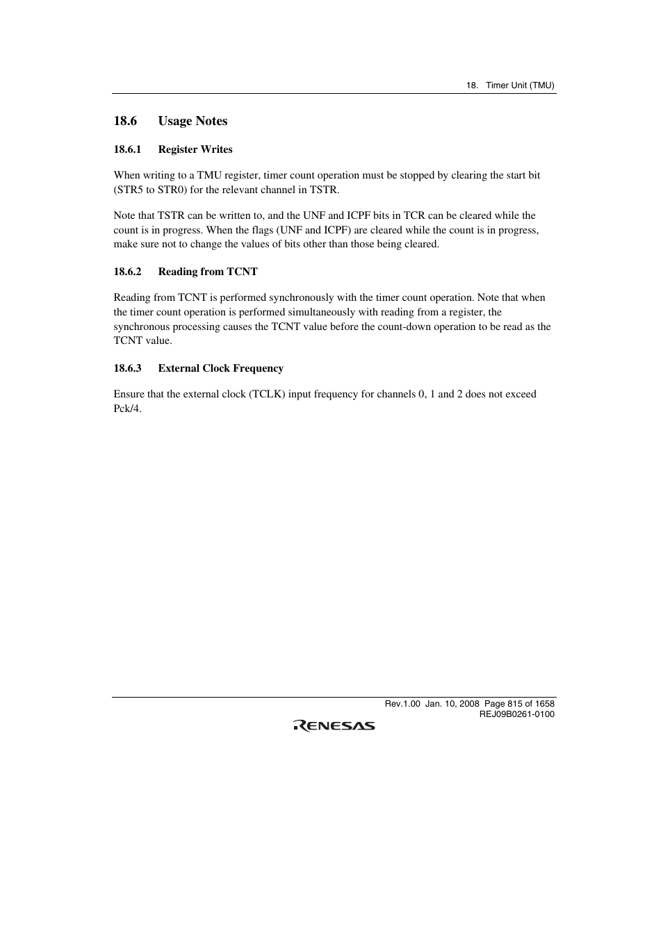 6 usage notes, 1 register writes, 2 reading from tcnt | 3 external clock frequency | Renesas SH7781 User Manual | Page 845 / 1692