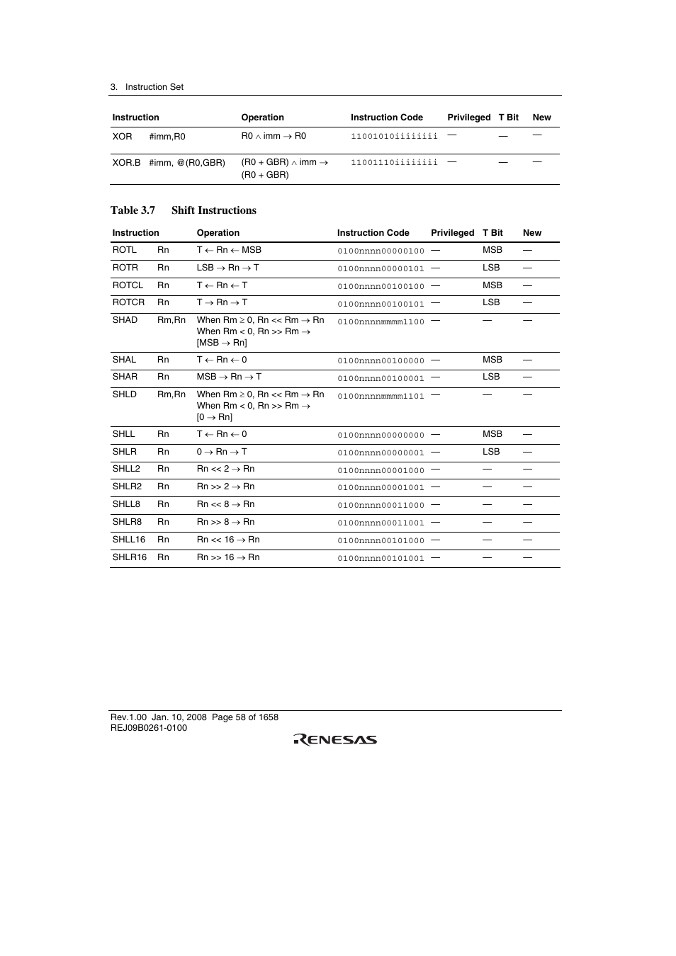 Table 3.7 shift instructions | Renesas SH7781 User Manual | Page 88 / 1692