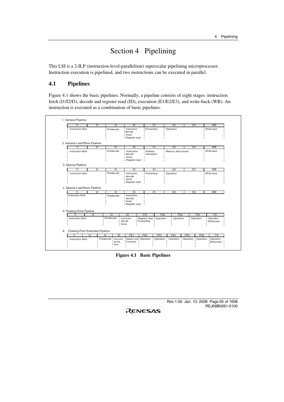 Section 4 pipelining, 1 pipelines, Figure 4.1 basic pipelines | Renesas SH7781 User Manual | Page 95 / 1692