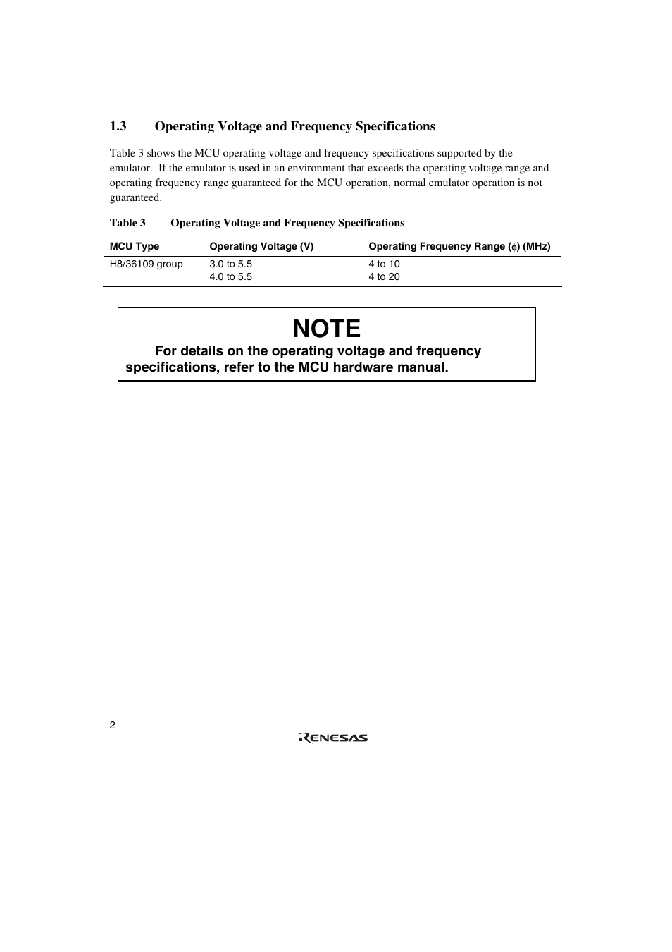 3 operating voltage and frequency specifications | Renesas H8/36109 User Manual | Page 15 / 30