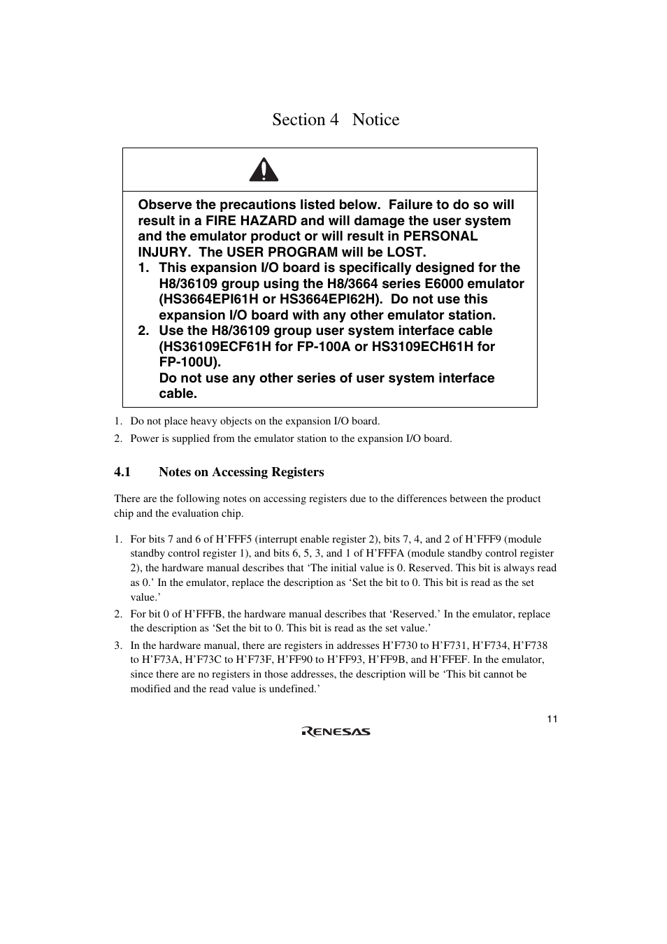 Section 4 notice, 1 notes on accessing registers, Warning | Renesas H8/36109 User Manual | Page 24 / 30