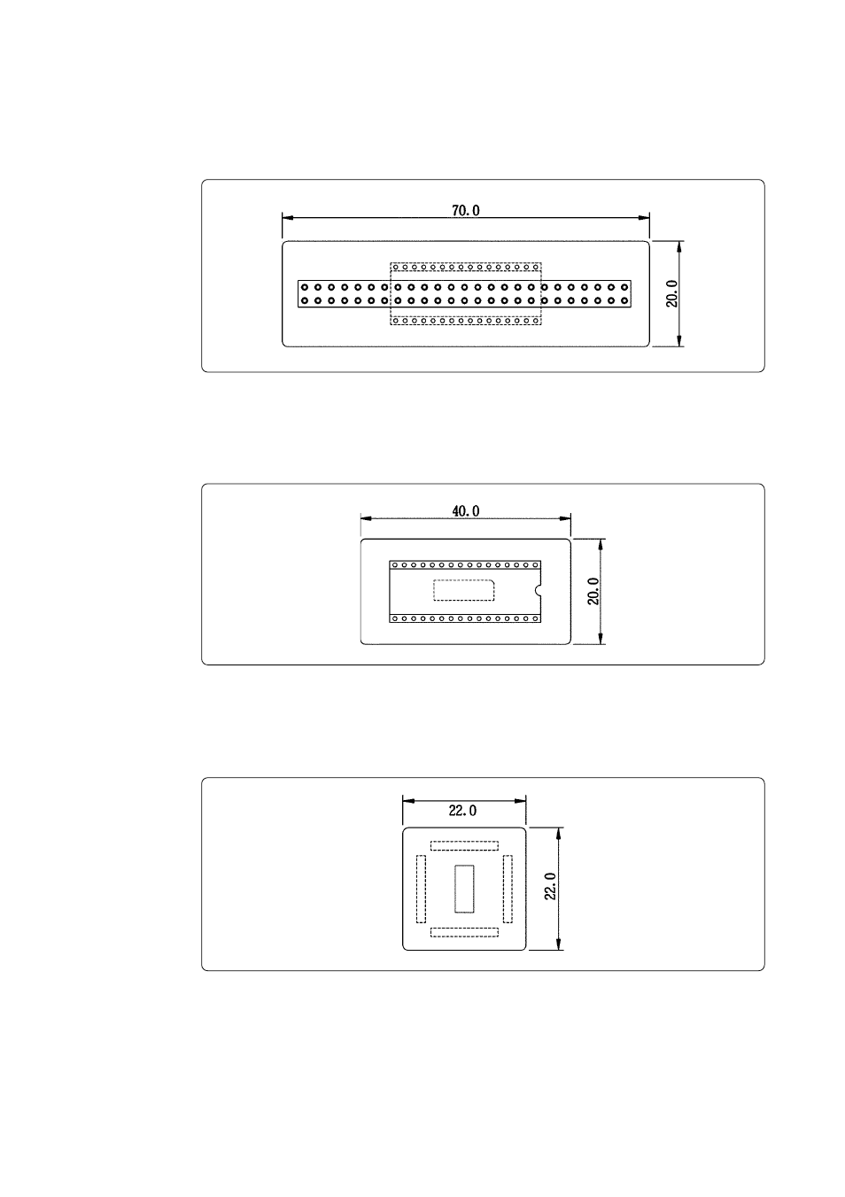 Pitch converter board external dimensions, 1 m34513t-ptca, 2 m34513t-ptcb | 3 m34513t-ptcc | Renesas Single-Chip Microcomputer M34519T-MCU User Manual | Page 33 / 38