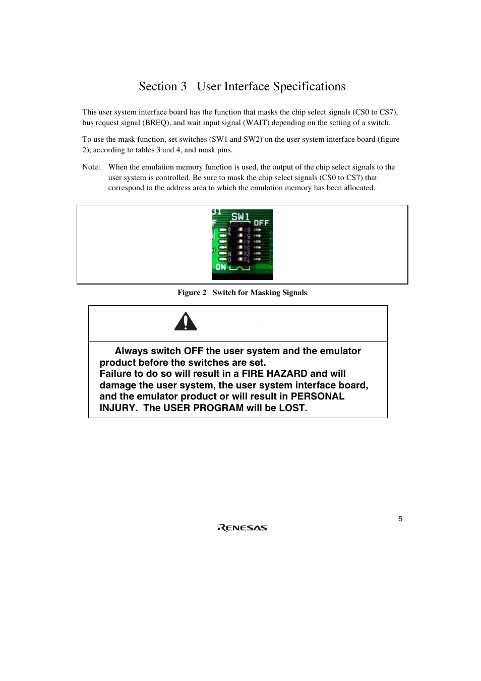 Section 3 user interface specifications, Warning | Renesas SuperHTM Family SH7084 User Manual | Page 23 / 48