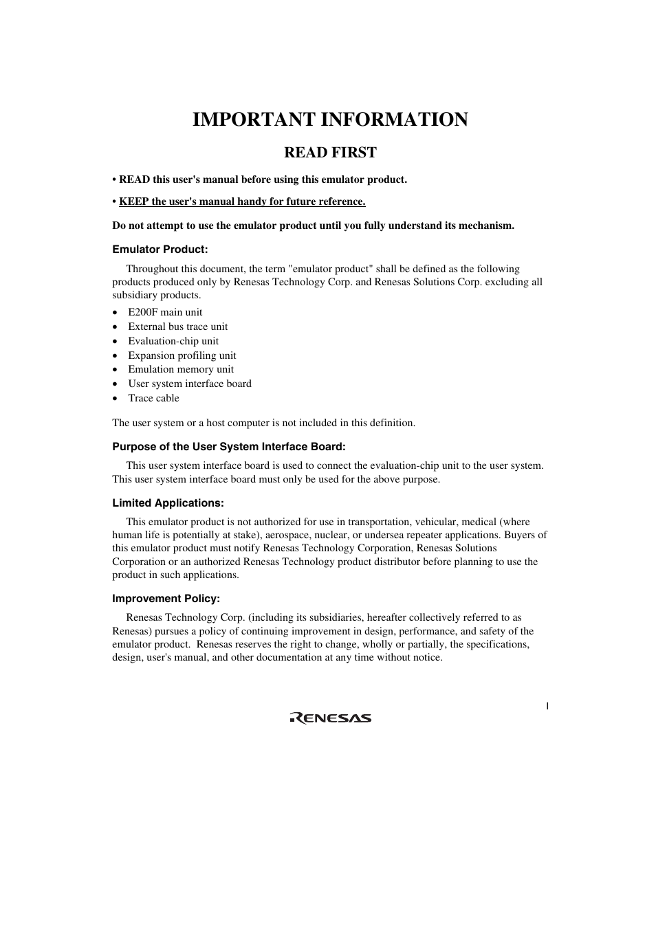 Important information, Read first | Renesas SuperHTM Family SH7084 User Manual | Page 5 / 48