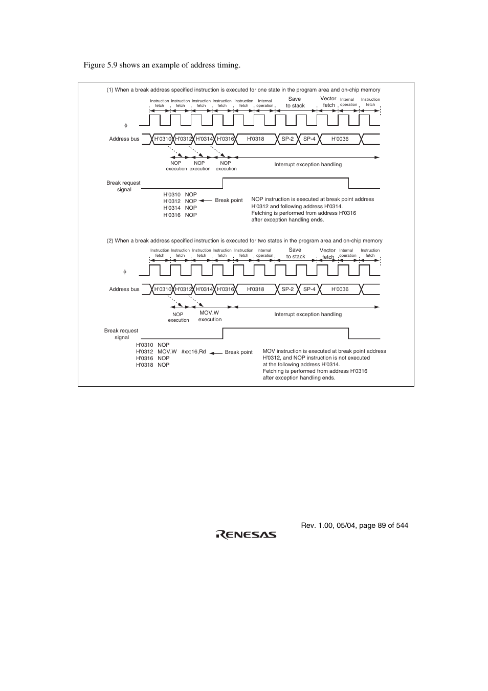 Figure 5.9 shows an example of address timing, Figure 5.9 address break timing example | Renesas H8S/2111B User Manual | Page 123 / 582