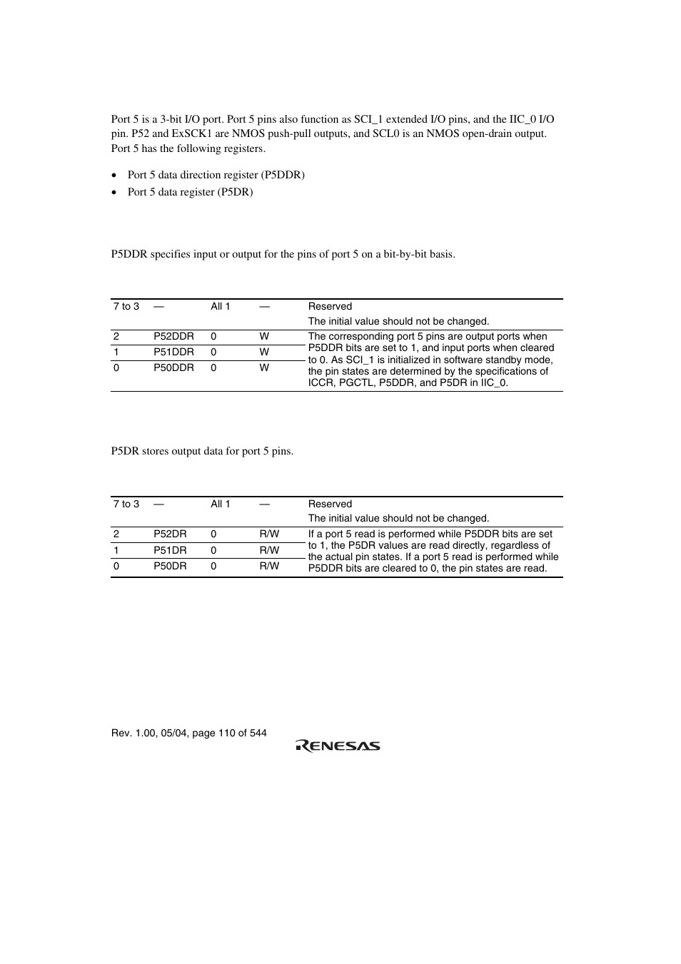 5 port 5, 1 port 5 data direction register (p5ddr), 2 port 5 data register (p5dr) | Renesas H8S/2111B User Manual | Page 144 / 582