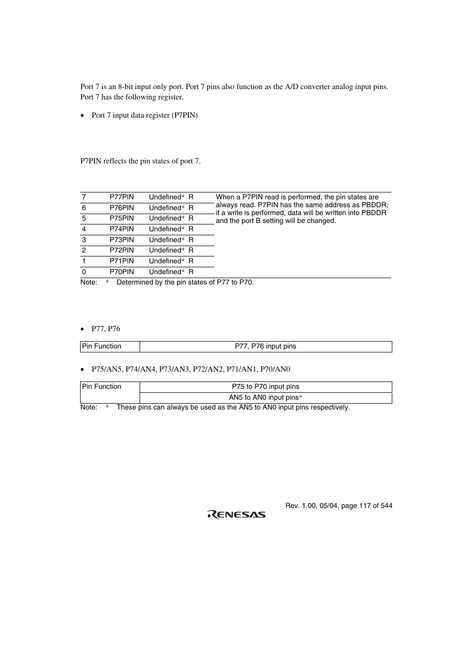 7 port 7, 1 port 7 input data register (p7pin), 2 pin functions | Renesas H8S/2111B User Manual | Page 151 / 582
