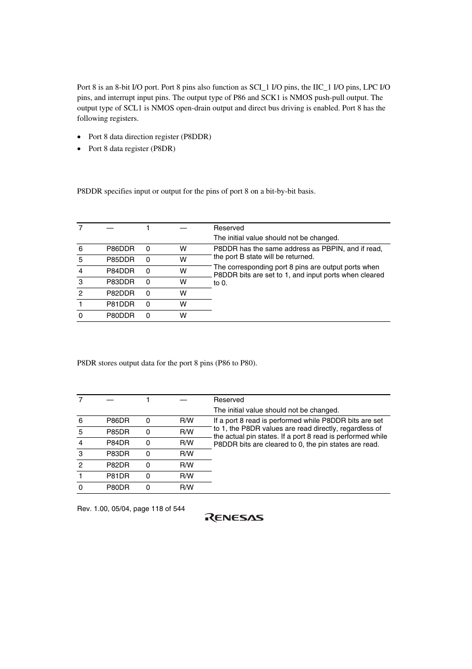 8 port 8, 1 port 8 data direction register (p8ddr), 2 port 8 data register (p8dr) | Renesas H8S/2111B User Manual | Page 152 / 582