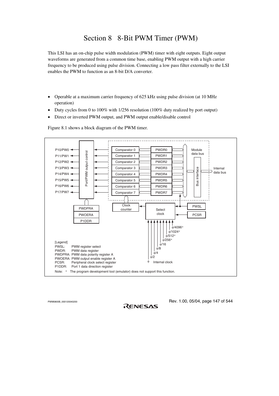 Section 8 8-bit pwm timer (pwm), 1 features, Figure 8.1 shows a block diagram of the pwm timer | Figure 8.1 block diagram of pwm timer | Renesas H8S/2111B User Manual | Page 181 / 582