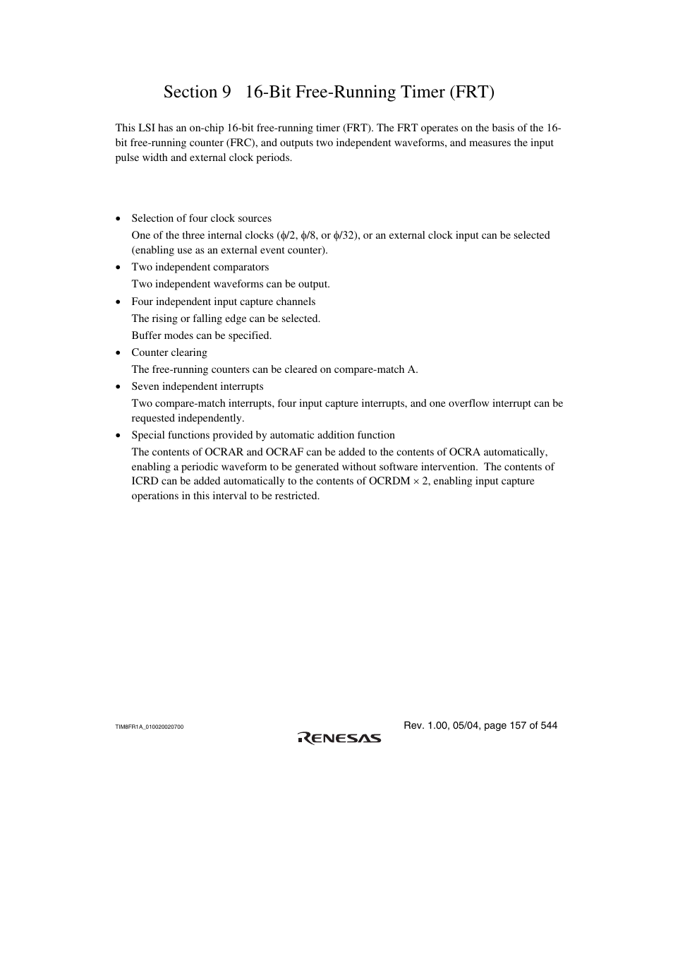 Section 9 16-bit free-running timer (frt), 1 features | Renesas H8S/2111B User Manual | Page 191 / 582