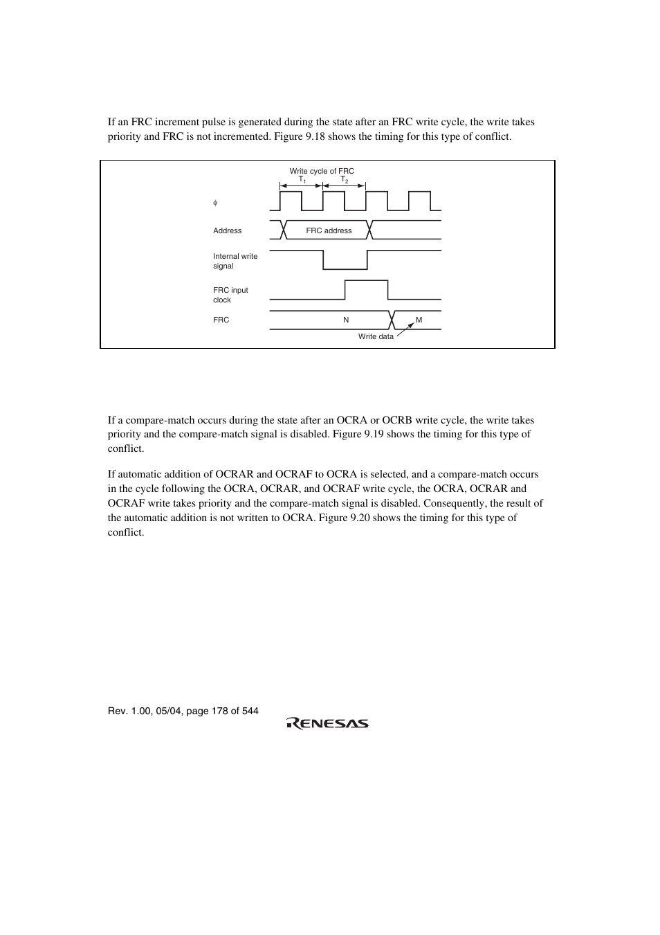 2 conflict between frc write and increment, 3 conflict between ocr write and compare-match | Renesas H8S/2111B User Manual | Page 212 / 582