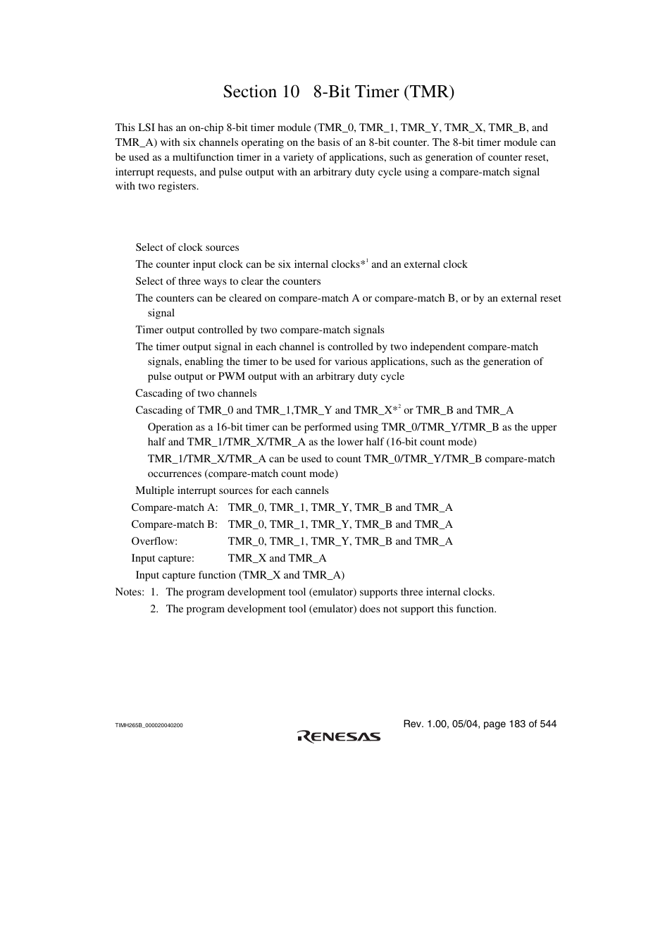 Section 10 8-bit timer (tmr), 1 features | Renesas H8S/2111B User Manual | Page 217 / 582