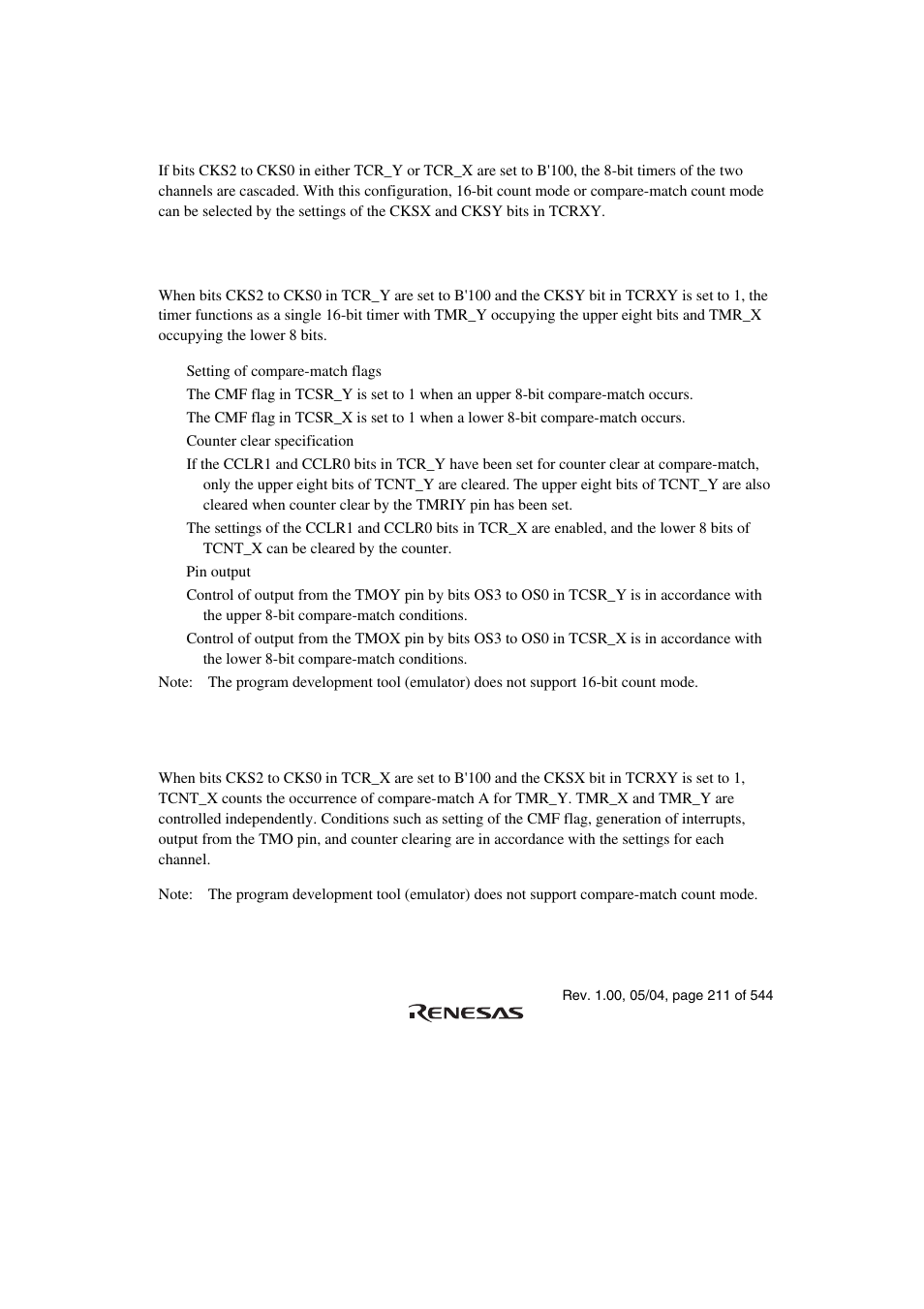 7 tmr_y and tmr_x cascaded connection, 1 16-bit count mode, 2 compare-match count mode | Renesas H8S/2111B User Manual | Page 245 / 582