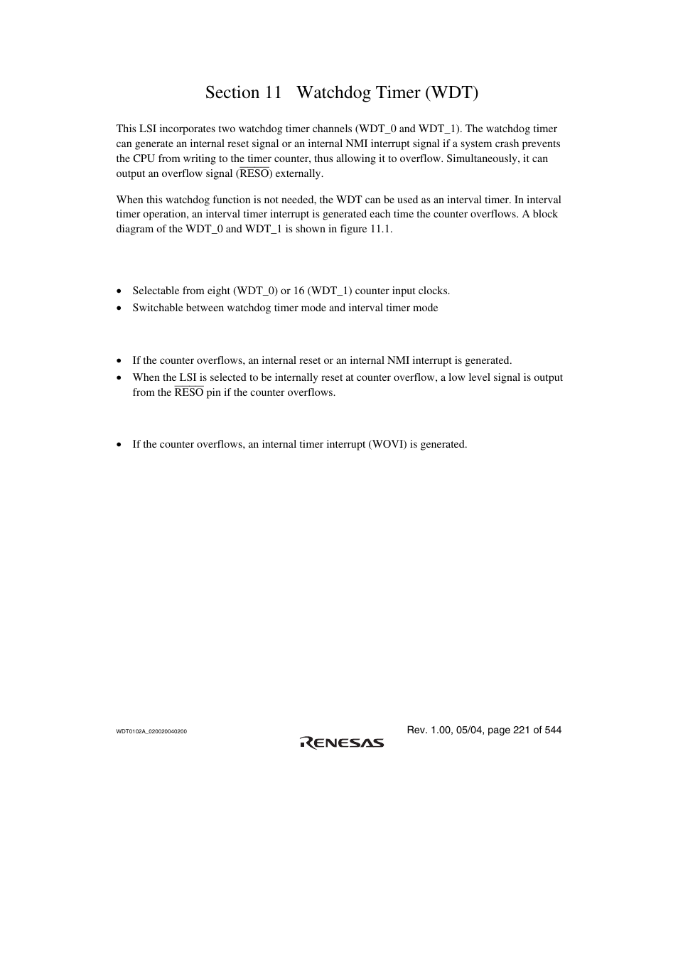 Section 11 watchdog timer (wdt), 1 features | Renesas H8S/2111B User Manual | Page 255 / 582