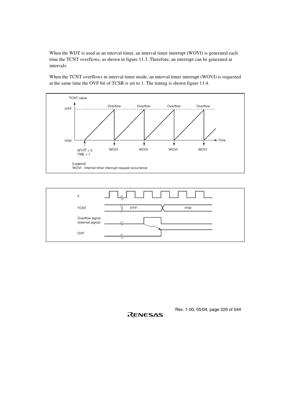 2 interval timer mode, Figure 11.3 interval timer mode operation, Figure 11.4 ovf flag set timing | Renesas H8S/2111B User Manual | Page 263 / 582