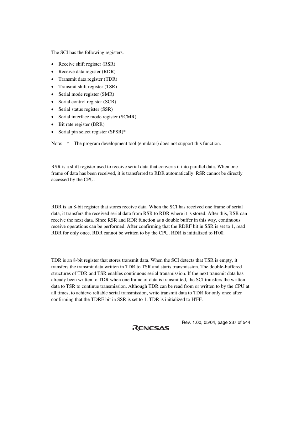 3 register descriptions, 1 receive shift register (rsr), 2 receive data register (rdr) | 3 transmit data register (tdr) | Renesas H8S/2111B User Manual | Page 271 / 582