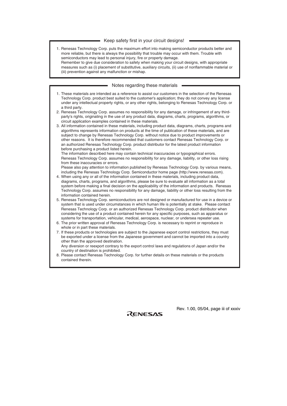 Keep safety first in your circuit designs, Notes regarding these materials | Renesas H8S/2111B User Manual | Page 3 / 582