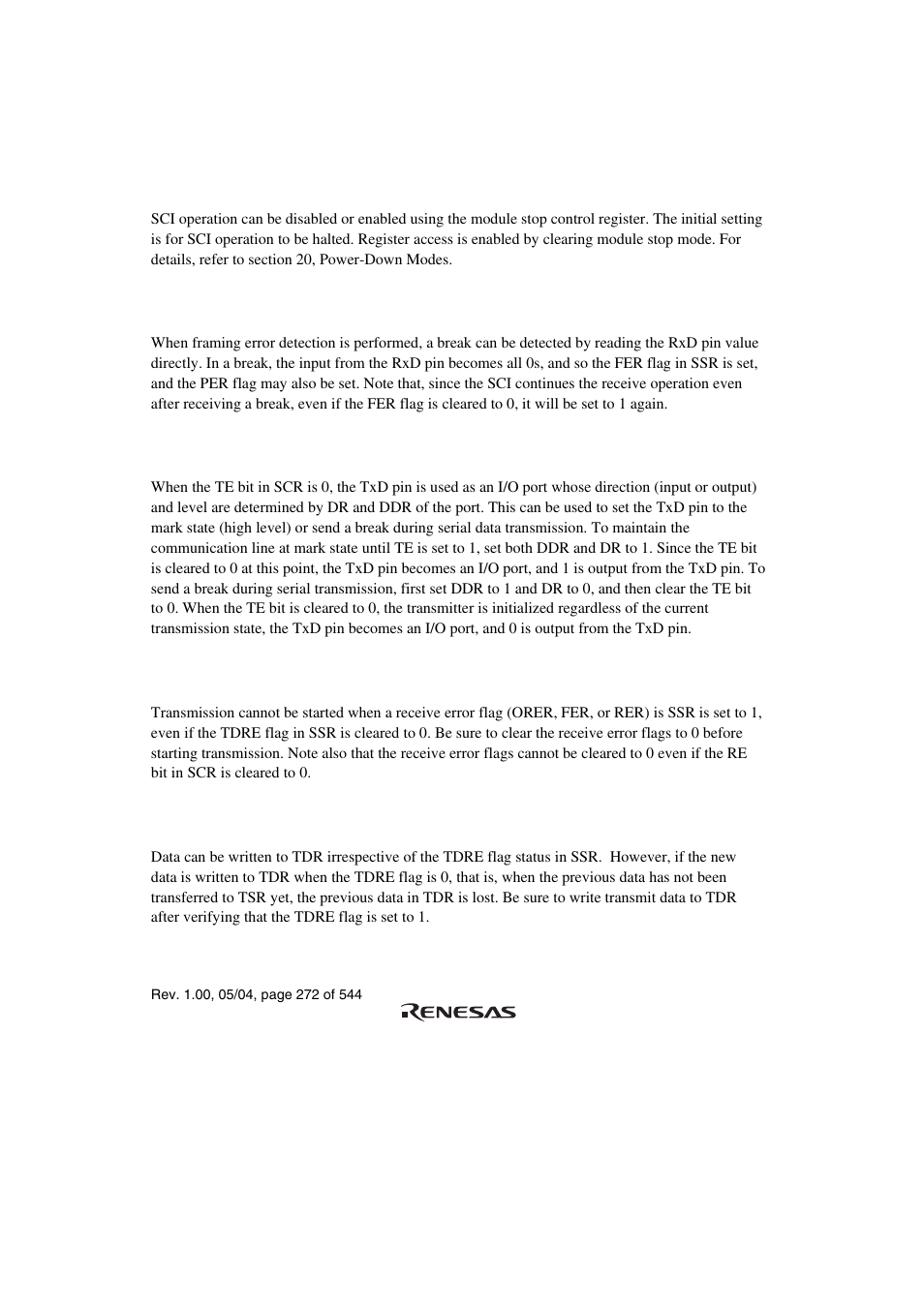 8 usage notes, 1 module stop mode setting, 2 break detection and processing | 3 mark state and break detection, 5 relation between writing to tdr and tdre flag | Renesas H8S/2111B User Manual | Page 306 / 582