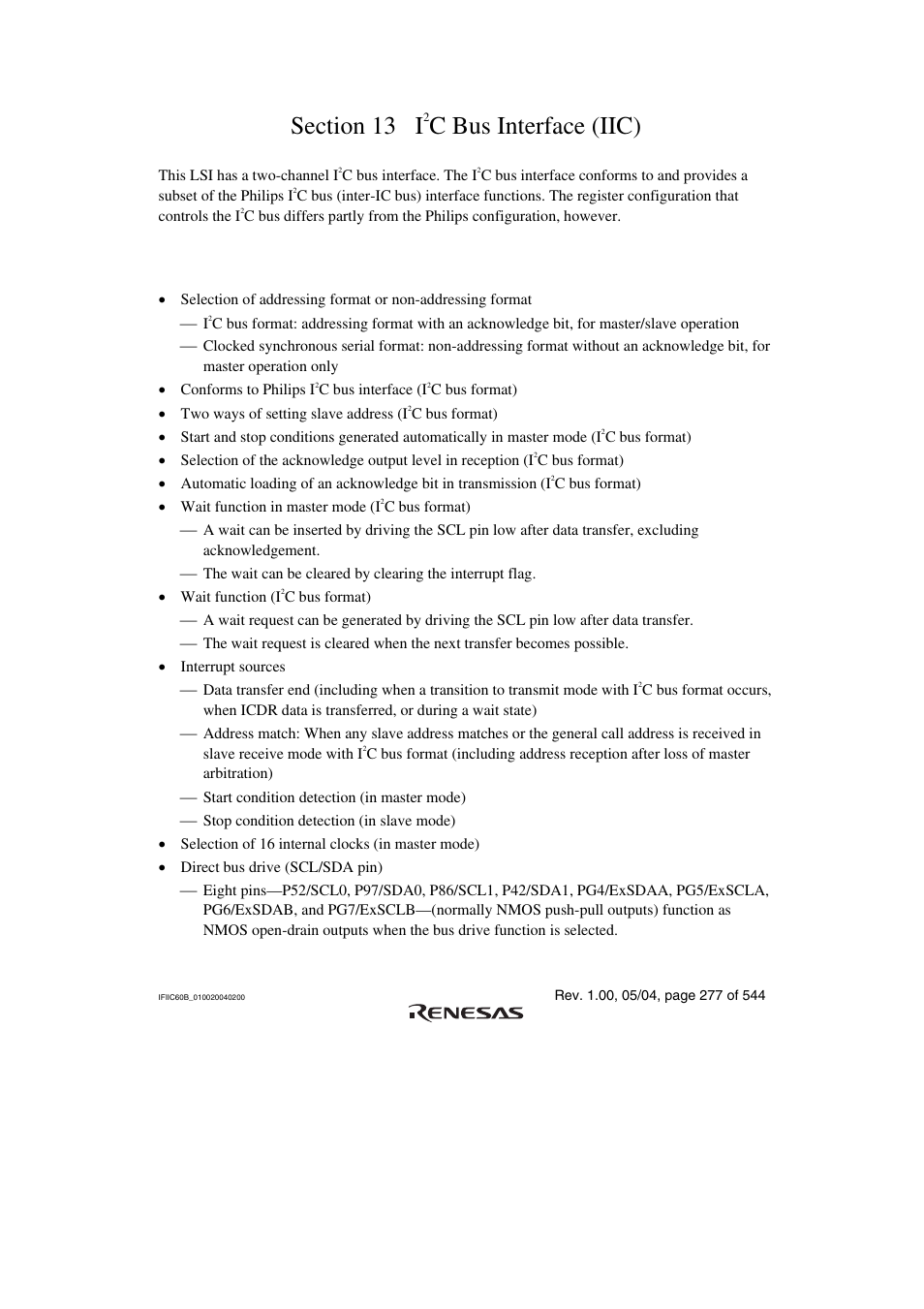 Section 13 i2c bus interface (iic), 1 features, C bus interface (iic) | Renesas H8S/2111B User Manual | Page 311 / 582
