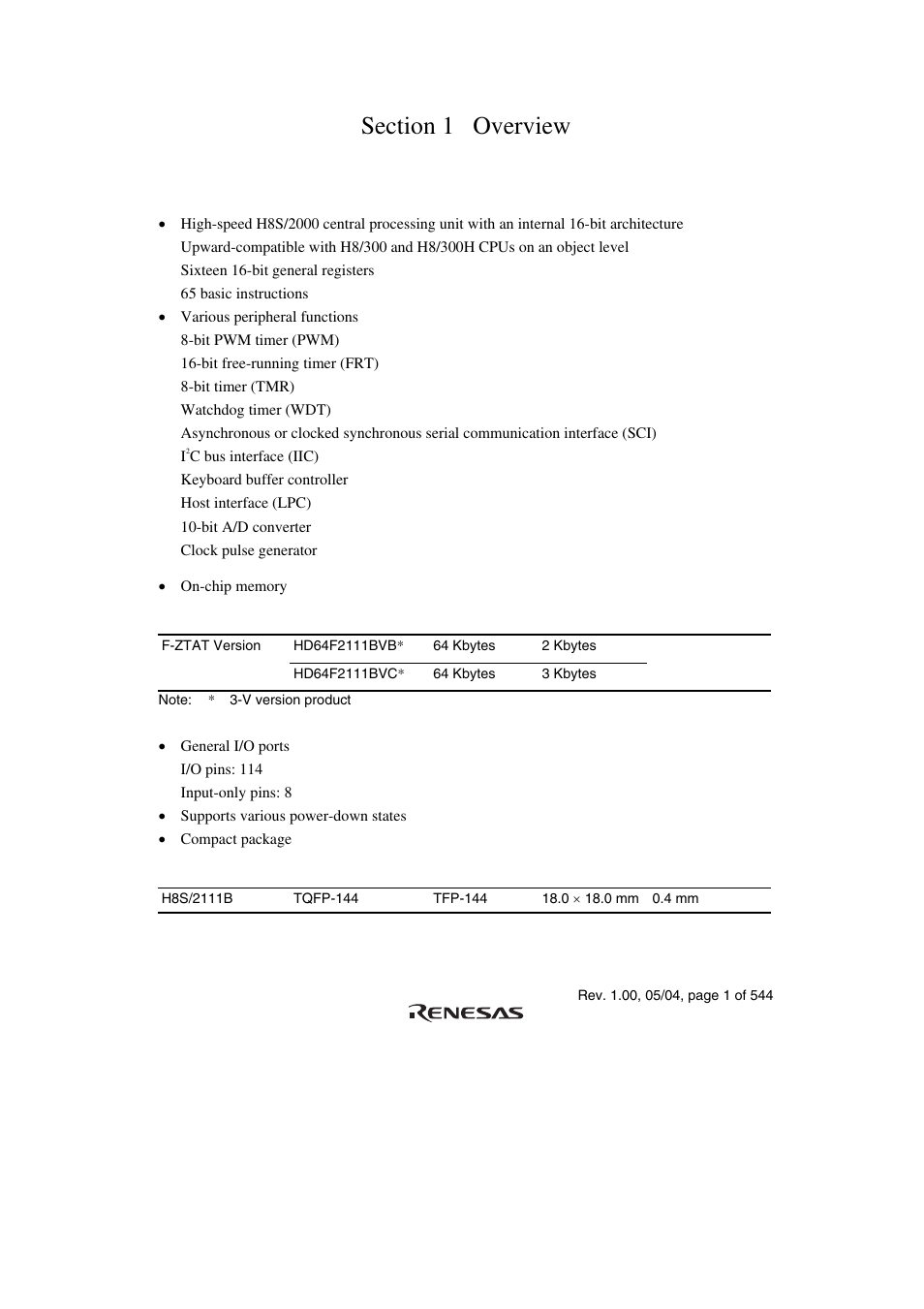 Section 1 overview, 1 features | Renesas H8S/2111B User Manual | Page 35 / 582