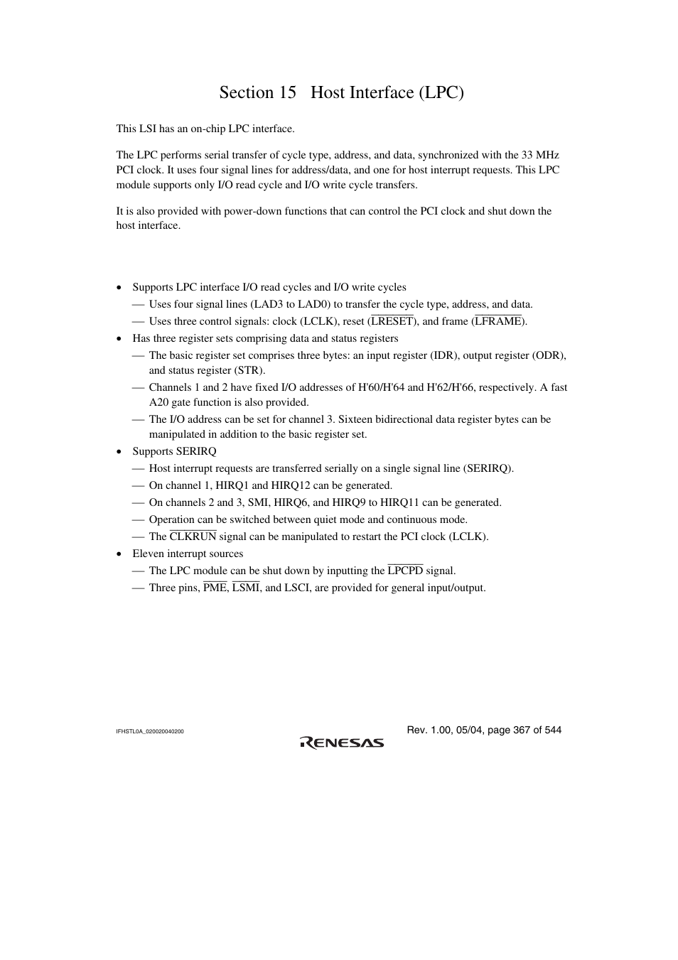 Section 15 host interface (lpc), 1 features | Renesas H8S/2111B User Manual | Page 401 / 582