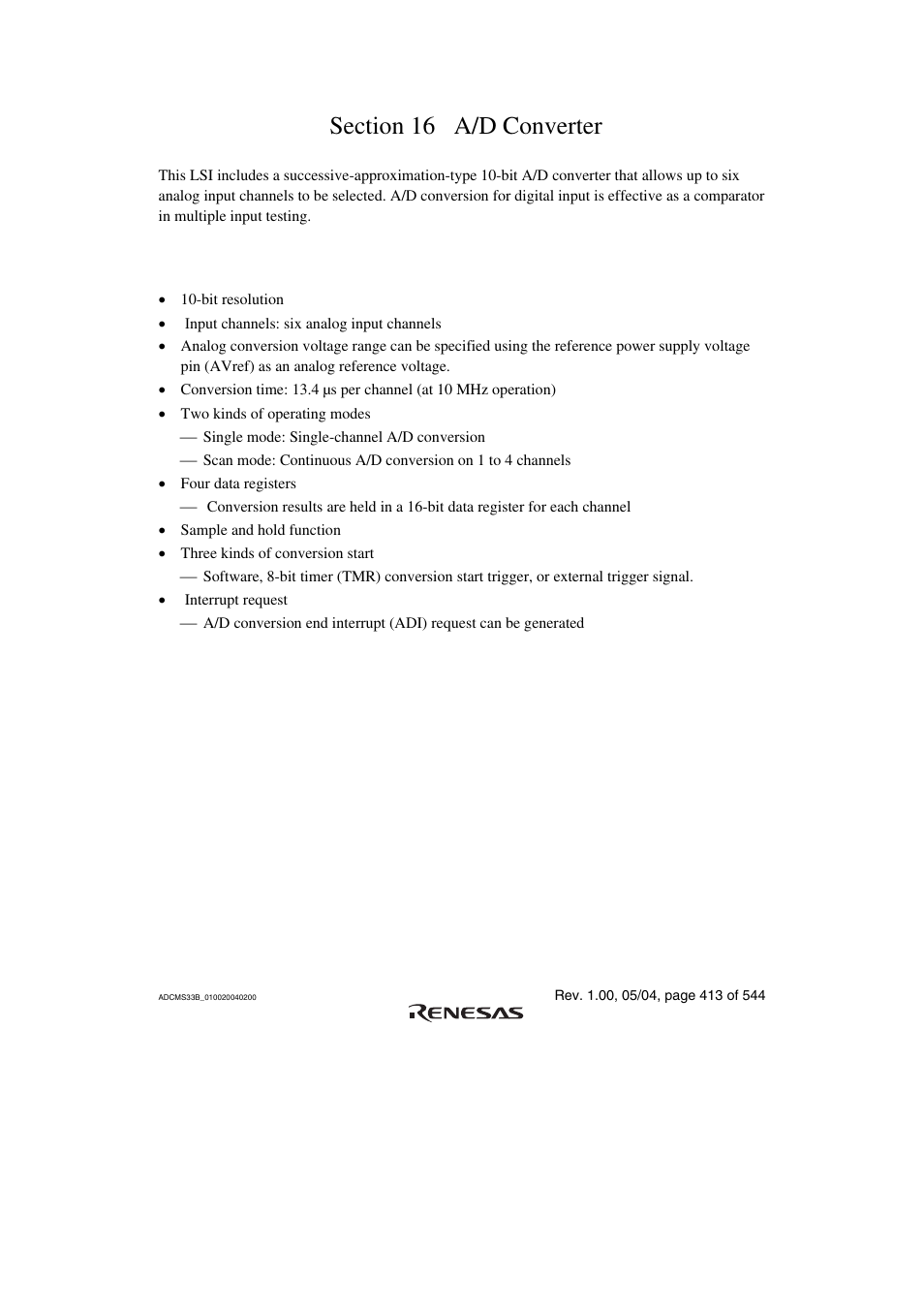 Section 16 a/d converter, 1 features | Renesas H8S/2111B User Manual | Page 447 / 582