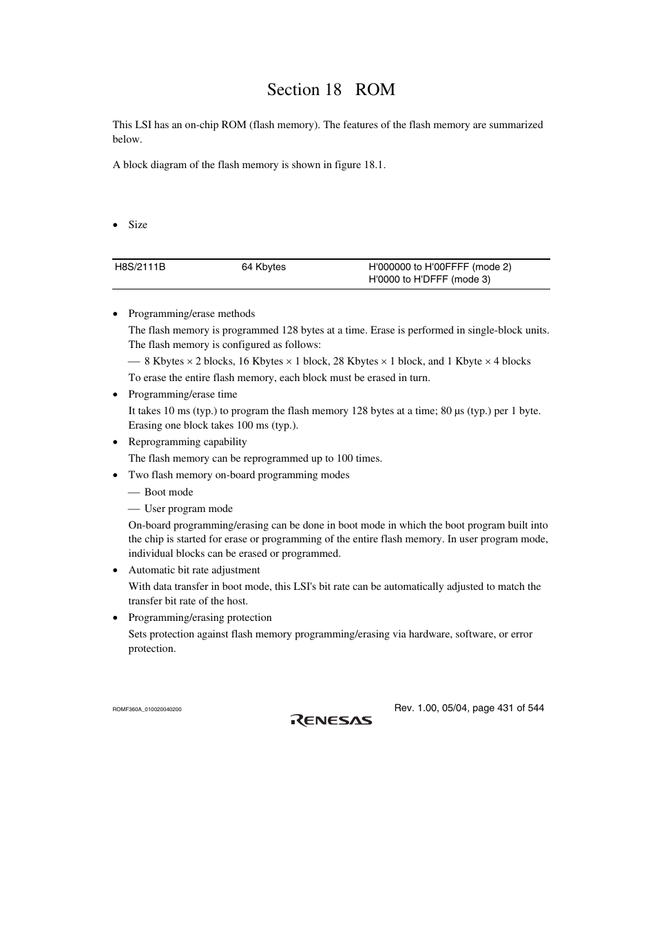 Section 18 rom, 1 features | Renesas H8S/2111B User Manual | Page 465 / 582