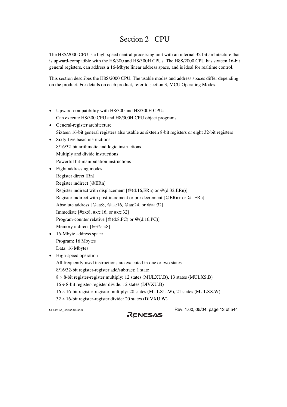 Section 2 cpu, 1 features | Renesas H8S/2111B User Manual | Page 47 / 582