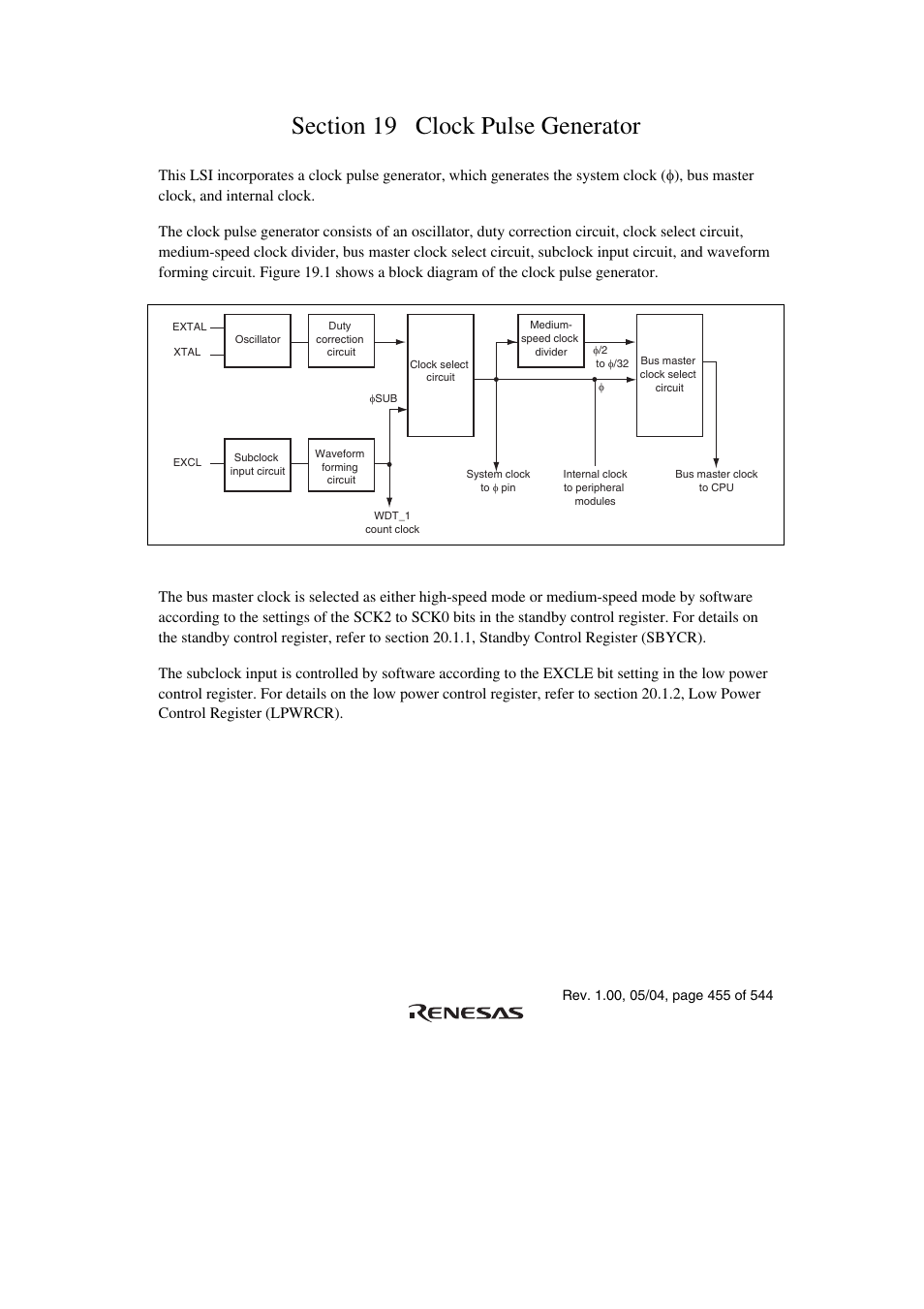 Section 19 clock pulse generator | Renesas H8S/2111B User Manual | Page 489 / 582