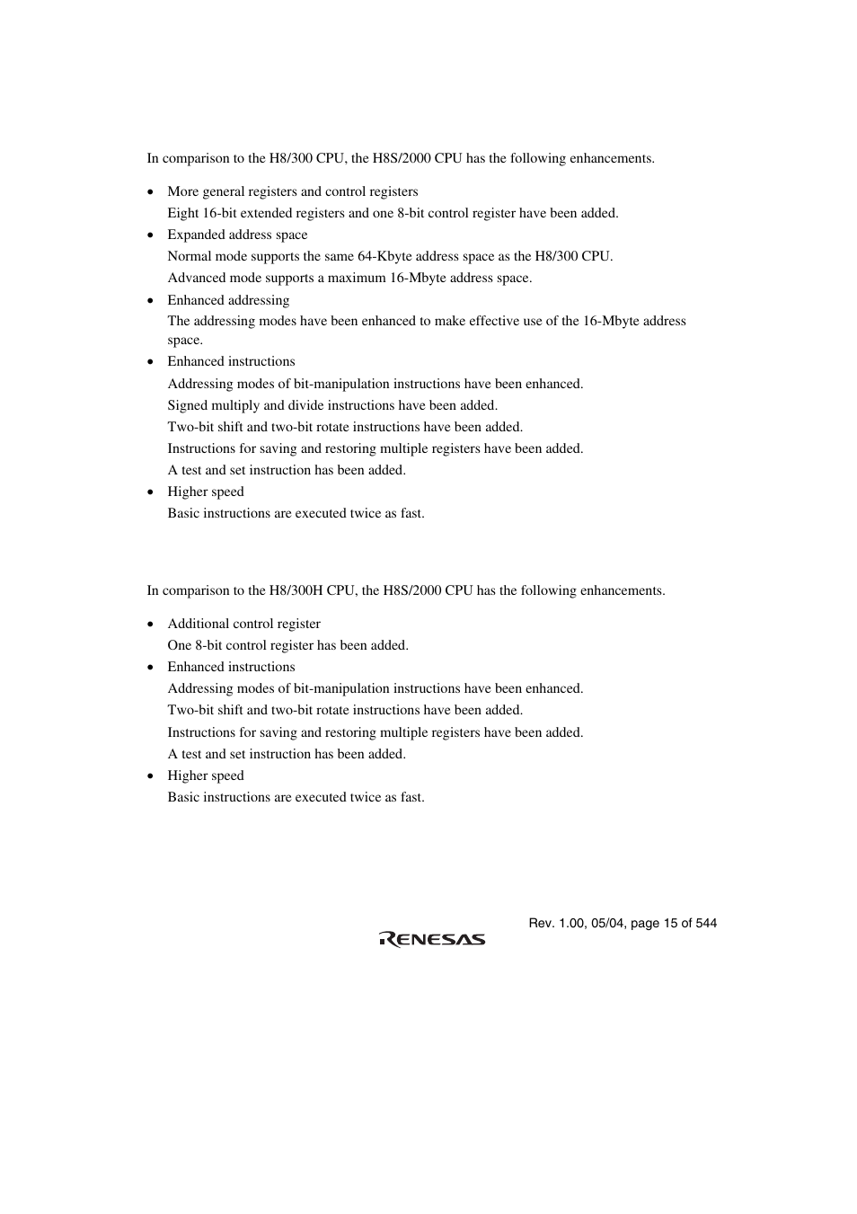 2 differences from h8/300 cpu, 3 differences from h8/300h cpu | Renesas H8S/2111B User Manual | Page 49 / 582