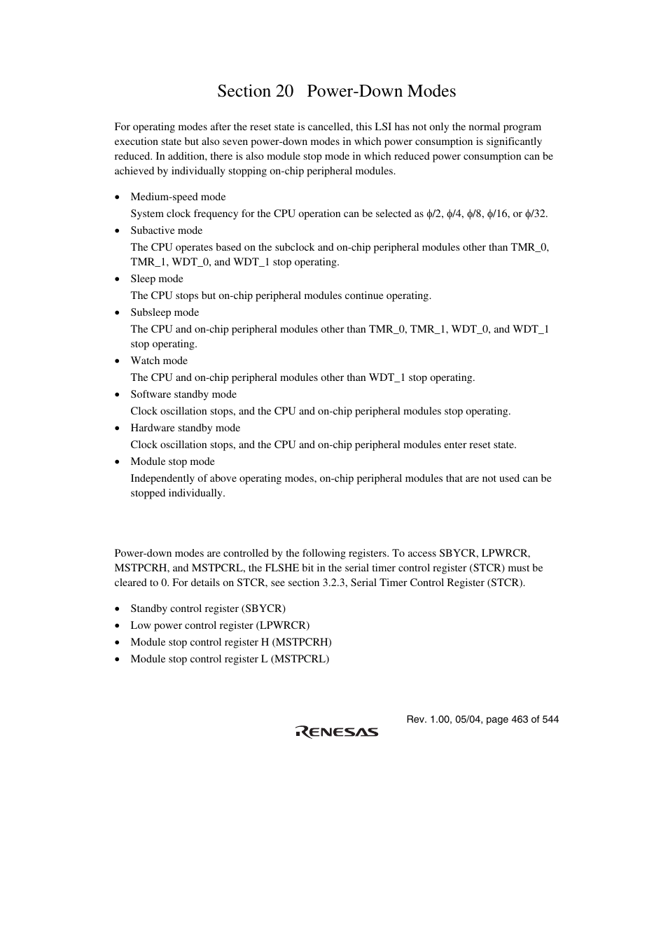 Section 20 power-down modes, 1 register descriptions | Renesas H8S/2111B User Manual | Page 497 / 582