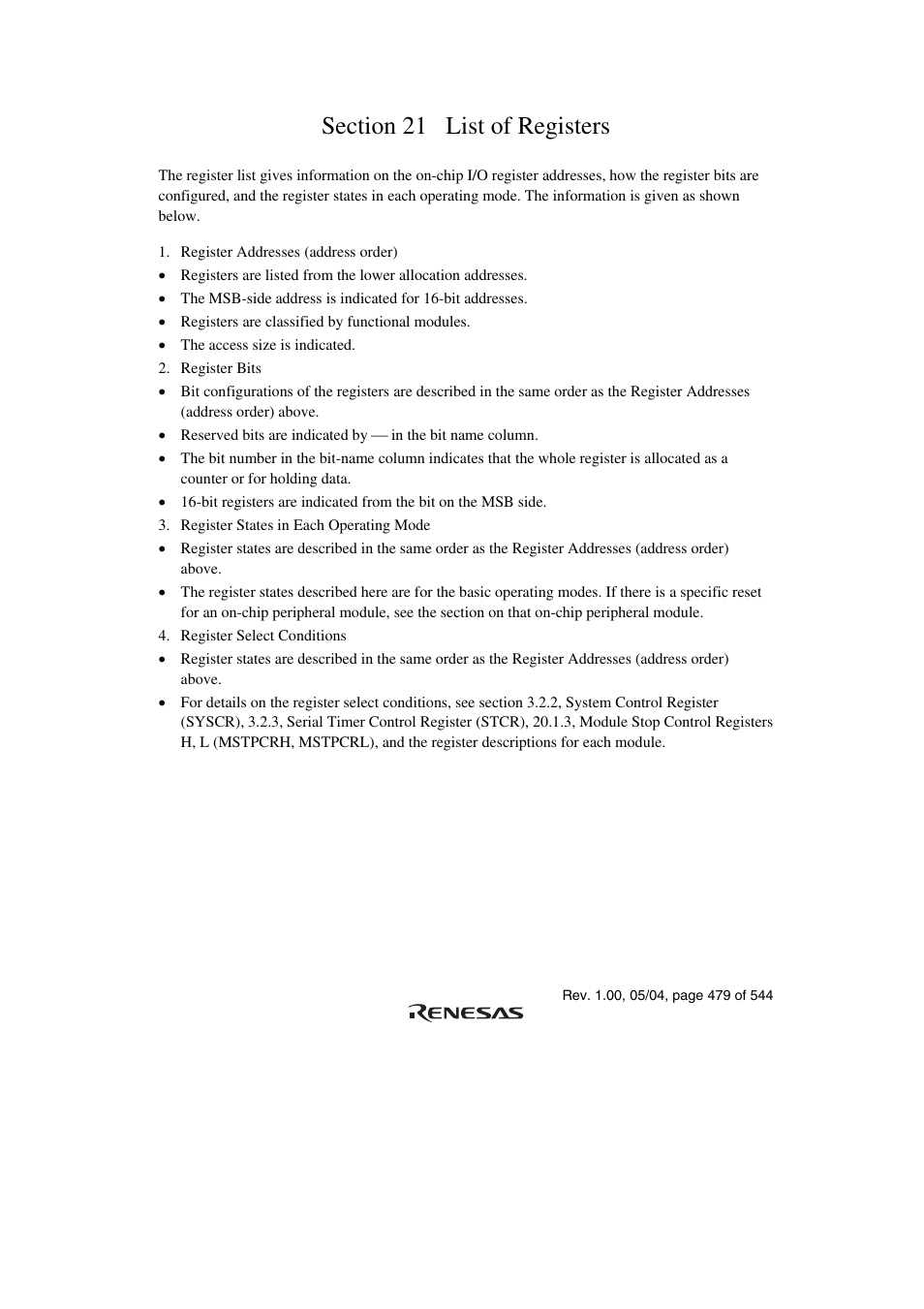 Section 21 list of registers | Renesas H8S/2111B User Manual | Page 513 / 582