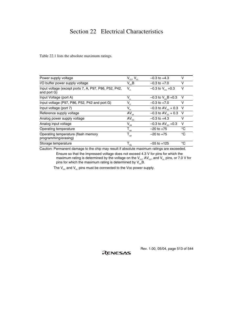 Section 22 electrical characteristics, 1 absolute maximum ratings | Renesas H8S/2111B User Manual | Page 547 / 582