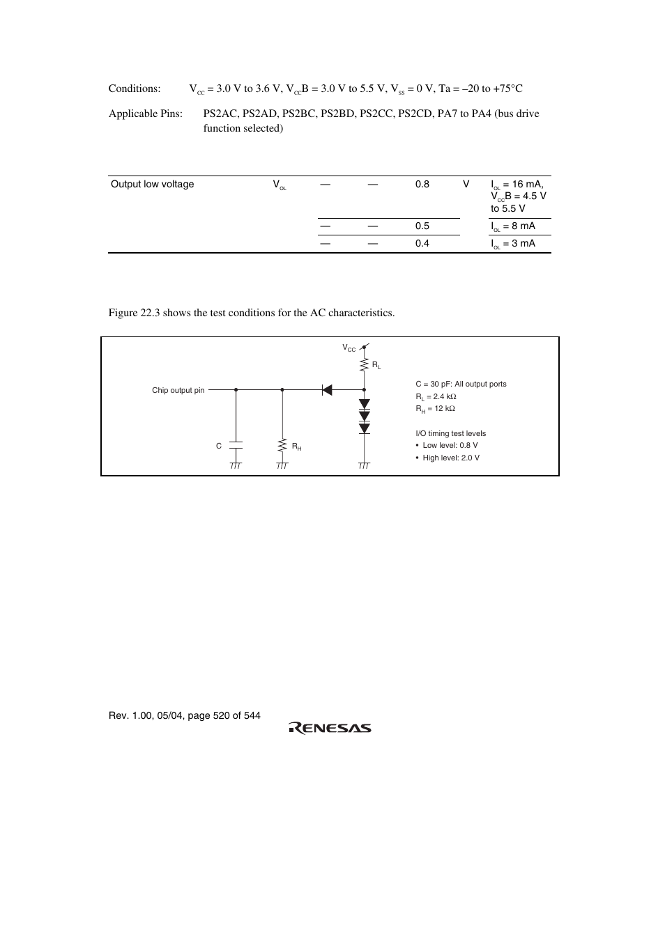 3 ac characteristics, Conditions: v, 0 v to 3.6 v, v | B = 3.0 v to 5.5 v, v, Figure 22.3 output load circuit | Renesas H8S/2111B User Manual | Page 554 / 582