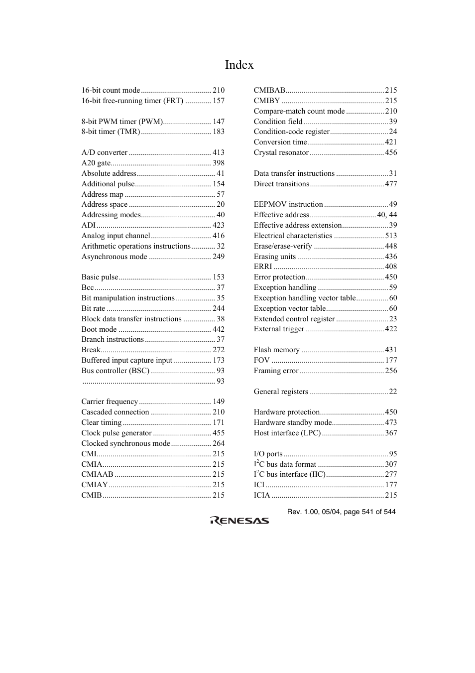 Index | Renesas H8S/2111B User Manual | Page 575 / 582