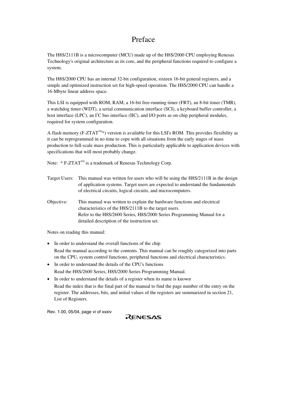 Preface | Renesas H8S/2111B User Manual | Page 6 / 582